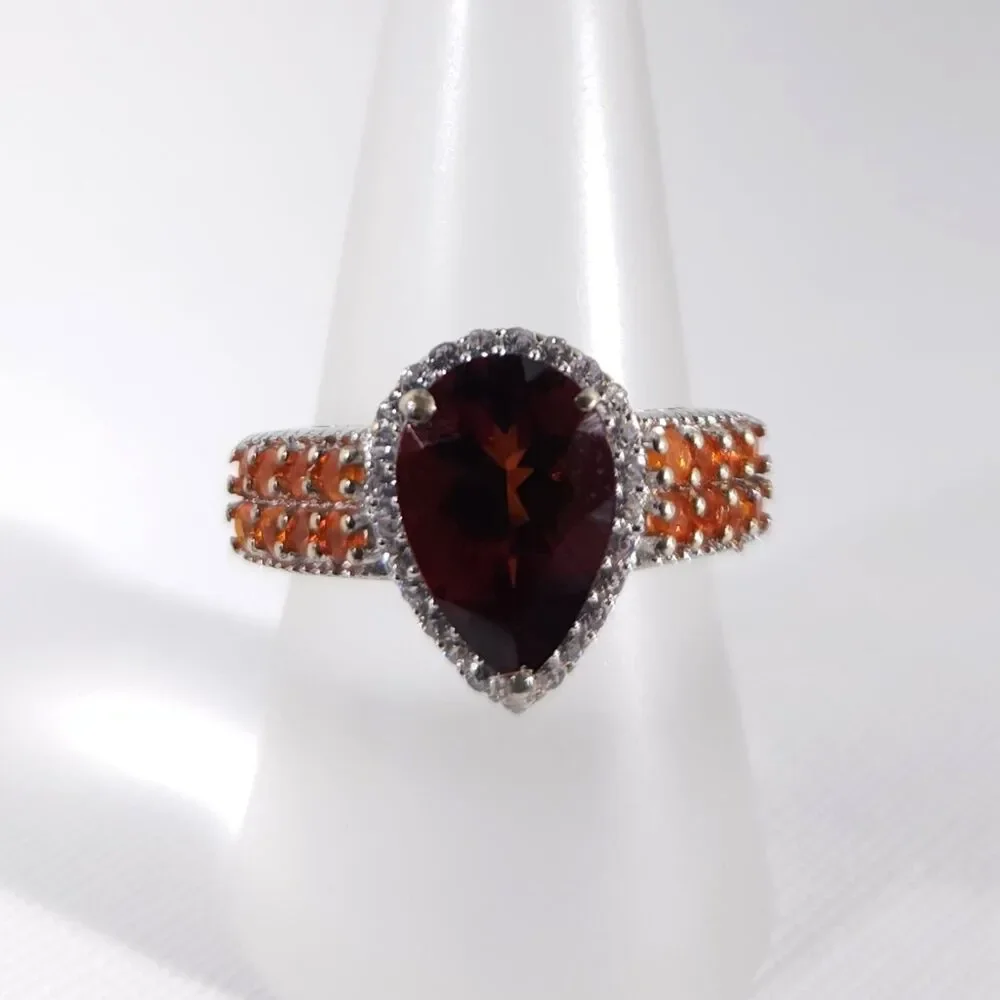 Brazilian Red Citrine Pear and Fire Opal Ring Size 8